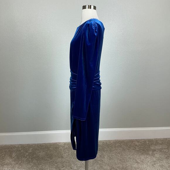 Velvet Long Sleeve Cocktail Dress Blue Size 10 Ralph Lauren Side Slit Sheath - Picture 5 of 14